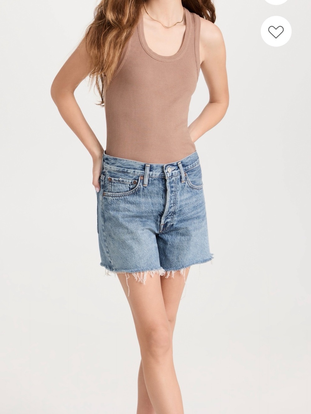 Agolde Parker Long Light Blue Frayed Hem Denim Shorts